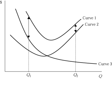 <strong> Figure 5.1 Refer to Figure 5.1, which shows a family of average cost curves. The average total cost at a given level of output is represented by</strong> A) the vertical distance between Curve 1 and Curve 2 at a given level of output. B) the vertical sum of Curve 1 and Curve 2 at a given level of output. C) the vertical sum of Curve 2 and Curve 3 at a given level of output. D) the vertical distance between Curve 2 and Curve 3 at a given level of output.