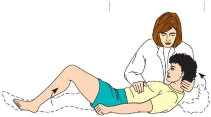 <strong>A school-age client is experiencing photophobia, a sore neck, chills, and fever. During a physical assessment, the nurse uses the technique in the Exhibit. Why did the nurse use this technique when assessing the client?  </strong> A)It is a routine part of the physical assessment. B)Flexion of the hips or knees would be consistent with meningitis. C)The nurse was assessing range of motion of the neck. D)This technique assesses optic nerve functioning. <div style=padding-top: 35px> 