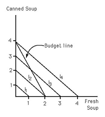 -Keith is indifferent between canned soup and fresh soup.In the figure above,Keith's indifference curves are represented by I1,I2,I3,and I4 curves.What is the marginal rate of transformation (MRT)of Keith's budget constraint?