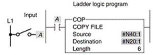<strong>For the file copy (COP) instruction rung shown:  </strong> A)both source and destinations are file addresses. B)when input A goes true, the values in file N40 are copied to N20. C)both file N40 and N20 contain 6 words. D)all of these <div style=padding-top: 35px> 