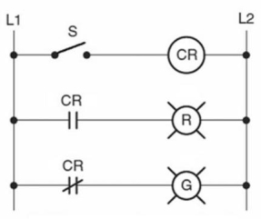 <strong>In the hardwired relay control circuit shown, when the switch is closed, CR coil is: </strong> A)energized, and the red and green lights are both on. B)de-energized, the red light is off, and the green light is on. C)energized, the red light is on, and the green light is off. D)energized, the red light is off, and the green light is on.