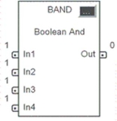 <strong>For the BAND function block shown: </strong> A)tag name for the block is placed above it. B)1 and 0 next to the inputs and output identifies their logical state. C)dots on the pins indicate BOOL type data is required. D)all of these.