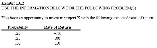 <strong> Refer to Exhibit 1A.2. The expected return for project X is</strong> A) 0.0 percent. B) 0.5 percent. C) 2.5 percent. D) 5.0 percent. E) 7.5 percent.