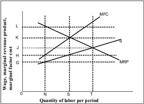 <strong>Use the following to answer question(s): Wage-Employment Model in Perfectly Competitive and Monopsony Factor Markets (Exhibit: Wage-Employment Model in Perfectly Competitive and Monopsony Factor Markets) If this diagram portrayed a perfectly competitive factor market, the equilibrium-employment level would be:</strong> A) between 0N and 0T. B) 0S. C) 0T. D) 0J.