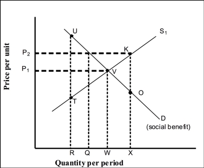 <strong>Use the following to answer question(s): Correcting for Market Failure: A Public Good   (Exhibit: Correcting for Market Failure: A Public Good) A private market produces R units of output of a public good.The efficient price would be _______ and the efficient output would be _______ , which suggests the implementation of a government _______.</strong> A) lower; greater; tax B) P₁; W; subsidy C) higher; greater; subsidy D) P₂; Q; subsidy <div style=padding-top: 35px> 