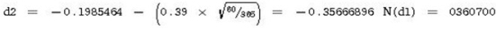 A stock is priced at $33.25. The stock has call options with an exercise price of $35 that expire in 60 days. The underlying stock price volatility is 39 percent per year and the annual risk-free rate is 4.5 percent. According to the Black-Scholes option pricing model,what is the most you should be willing to pay for this call option?     Using the Normsdist function in Excel to find N(dx) C0 = ($33.25 × 0.42131)- [$35e−0.045(60/365)× 0.3607]= $1.4781 or $147.81 per contract<div style=padding-top: 35px> 
