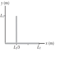 <strong>A rod system with a uniform linear density of \lambda = 4.40 kg/m has the shape shown in the figure,with rod 1 the vertical rod and rod 2 the horizontal rod.Rod 1 has length L<sub>1</sub> = 8.00 m,and rod 2 has length L<sub>2</sub> = 7.50 m.Neglect the diameter of the rods. -What is the mass of each rod?</strong> A)rod 1: 12.4 kg,rod 2: 11.9 kg B)rod 1: 4.69 kg,rod 2: 4.13 kg C)rod 1: 0.550 kg,rod 2: 0.587 kg D)rod 1: 35.2 kg,rod 2: 33.0 kg
