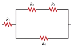 <strong>Resistors of values R<sub>1</sub> = 6.00 Ω,R<sub>2</sub> = 4.00 Ω,R<sub>3</sub> = 10.0 Ω,and R<sub>4</sub> = 7.00 Ω are combined as shown.What is the equivalent resistance for this combination? </strong> A)2.30 Ω B)3.00 Ω C)10.7 Ω D)27.0 Ω