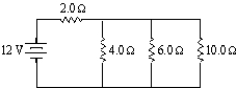 <strong>Three resistors connected in parallel have individual values of 4.0,6.0,and 10.0 Ω,respectively.If this combination is connected in series with a 12-V battery and a 2.0-Ω resistor,what is the current in the 10.0-Ω resistor? </strong> A)0.55 A B)1.0 A C)11 A D)16 A