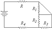 <strong>Which two resistors are in parallel with each other? </strong> A)R and R<sub>4</sub> B)R<sub>2</sub> and R<sub>3</sub> C)R<sub>2</sub> and R<sub>4</sub> D)R and R<sub>1</sub>