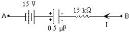 <strong>In the circuit segment shown if I = 7 mA and Q = 50 µC,what is the potential difference,V<sub>A</sub> - V<sub>B</sub>? </strong> A)−40 V B)+40 V C)+20 V D)-20 V