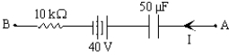 <strong>If I = 2.0 mA and the potential difference,V<sub>A</sub> - V<sub>B</sub> = +30 V in the circuit segment shown,determine the charge and polarity of the capacitor. </strong> A)1.5 mC,left plate is positive B)1.5 mC,right plate is positive C)0.45 mC,left plate is positive D)0.45 mC,right plate is positive