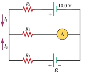 <strong>The ammeter shown in the figure reads 4.4 A,R<sub>1</sub> = 7.0 Ω,R<sub>2</sub> = 5.0 Ω,and R<sub>3</sub> = 2.0 Ω. What is the resistance of the bulb?</strong> A)0.079 Ω B)1.5 Ω C)5.2 Ω D)5.6 Ω