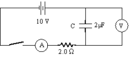 <strong>A 10-V-emf battery is connected in series with the following: a 2-µF capacitor,a 2.0-Ω resistor,an ammeter,and a switch,initially open;a voltmeter is connected in parallel across the capacitor.At the instant the switch is closed,what are the current and capacitor voltage readings,respectively? </strong> A)zero A,10 V B)zero A,zero V C)5 A,zero V D)5 A,10 V