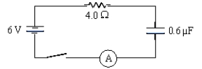 <strong>A circuit contains a 6.0-V battery,a 4.0-Ω resistor,a 0.60-µF capacitor,an ammeter,and a switch in series.What will be the charge on the capacitor 10 min after the switch is closed? </strong> A)zero B)0.10 μC C)3.6 μC D)2.4 μC