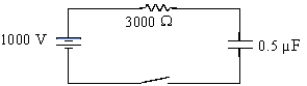 <strong>A 1 000-V battery,a 3 000-Ω resistor,and a 0.50-µF capacitor are connected in series with a switch.The capacitor is initially uncharged.What is the value of the current the moment after the switch is closed? </strong> A)0.39 A B)0.33 A C)0.84 A D)2 000 A