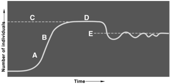 Questions refer to the figure above illustrating logistic growth. -A change in the environment's long-term ability to sustain the population is indicated by