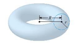 The volume of a solid torus (the donut-shaped solid shown in the figure)with r = and R = is