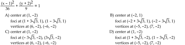 Find the center, foci, and vertices of the ellipse.