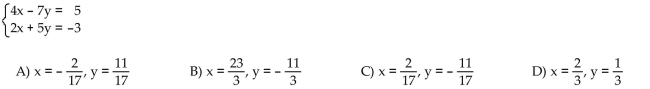 Choose the one alternative that best completes the statement or answers the question. Use Cramer's rule to solve the linear system.