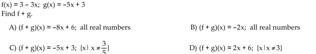 For the given functions f and g, find the requested function and state its domain.