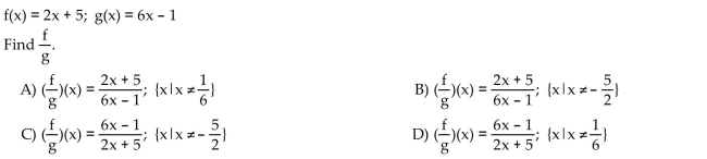 For the given functions f and g, find the requested function and state its domain.