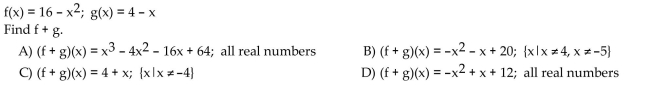 For the given functions f and g, find the requested function and state its domain.
