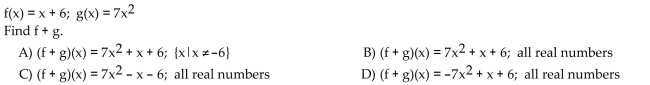 For the given functions f and g, find the requested function and state its domain.