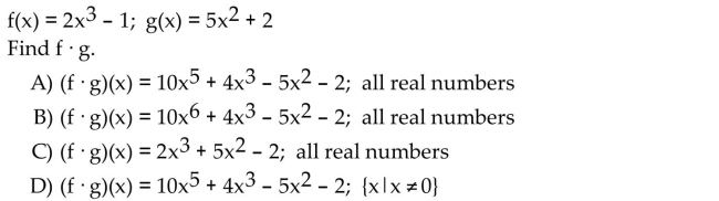 For the given functions f and g, find the requested function and state its domain.