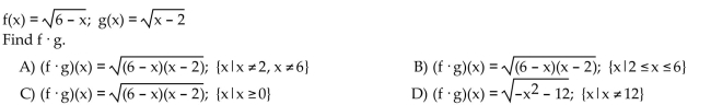 For the given functions f and g, find the requested function and state its domain.