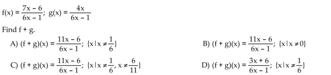 For the given functions f and g, find the requested function and state its domain.