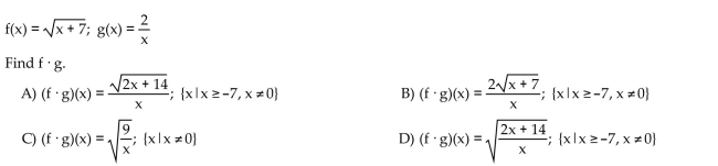 For the given functions f and g, find the requested function and state its domain.