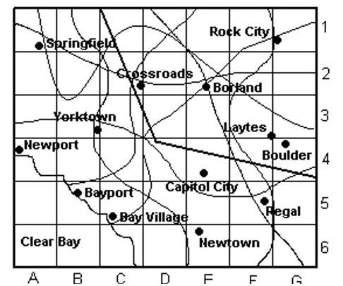 The map below has horizontal and vertical grid markers for ease of use. For example, Newport is located in grid A4. Use the grid labels to indicate the location of the given city. Springfield A) B 2 B) A2 C) \mathrm { A } 1 D) \mathrm { B } 1