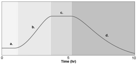 <strong>Figure 6.2 Figure 6.2 shows a typical bacterial growth curve with the y-axis indicating the log of the number of bacteria and the x-axis indicating time in culture.In the figure,which sections of the graph illustrate a logarithmic change in cell numbers?</strong> A)a and c B)b and d C)a and b D)c and d E)a and d