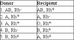 <strong>Table 19.1 Which blood transfusions in Table 19.1 are incompatible?</strong> A)2 and 5 B)1,2,and 3 C)2,3,and 5 D)3 and 4 E)1 and 2