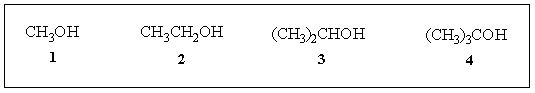 <strong>Rank the following alcohols in order of decreasing acidity in solution. </strong> A) 1 > 2 > 3 > 4 B) 2 > 1 > 3 > 4 C) 4 > 3 > 2 > 1 D) 4 > 3 > 1 > 2 E) 1 > 3 > 2 > 4