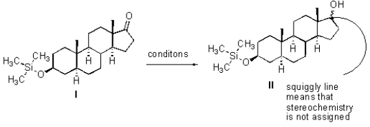 <strong>Choose the reagents to make the conversion from I to II. </strong> A) NaH B) LiAlD<sub>4</sub> C) NaBH<sub>4</sub> D) H<sub>3</sub>O<sup>+</sup> E) All of the above.