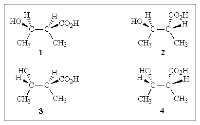 <strong>Which of the structures below are pairs of diastereomers? </strong> A) (1+4)and (2+3) B) (1+3)and (2+4) C) (1+2)and (3+4) D) both A and B E) both B and C