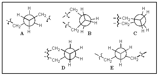 <strong>Which of the following correctly shows the Newman projection along a C-C bond in cyclohexane? (the squiggles indicate where the rest of the ring is attached) </strong> A) A B) B C) C D) D E) E