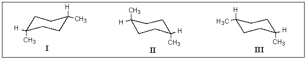 <strong>Which of the following structures represent cis-1,4-dimethylcyclohexane? </strong> A) I & II B) I & III C) II & III D) All of the above. E) None of the above.