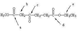 <strong>After treatment with aqueous base + heat,followed by acidification to pH 2 followed by heating,which carbon in the molecule below would be lost as carbon dioxide? </strong> A) Carbon a B) Carbon b C) Carbon c D) Carbon d E) Carbon e