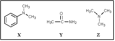 <strong>Rank the following in order of decreasing basicity (most basic on left): </strong> A) Z > X > Y B) Y > X > Z C) Z > Y > X D) X > Z > Y E) X > Y > Z