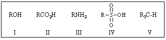<strong>Rank the following in order of decreasing acidity (more acidic > less acidic): </strong> A) II > III > I > IV > V B) IV > II > I > III > V C) II > IV > I > III > V D) V > III > I > II > IV E) II > IV > I > V > III