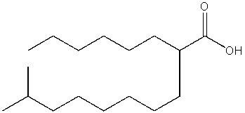 <strong>What is the IUPAC name of the following compound? </strong> A) 2-hexyl-9-methyldecanoic acid B) 2-isononyloctanoic acid C) 1-methyl-9-carboxypentadecane D) 2-hexyldecanoic acid E) 14-methyl-7-carboxypentadecane