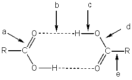 <strong>In the carboxylic acid dimer (below),which bond(s)has a strength of about 6-8 kcal/mol? </strong> A) Bond a B) Bond b C) Bond c D) Bond d E) Bond e