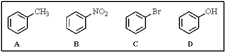 <strong>Rank the following aromatics in order of decreasing reactivity toward electrophilic aromatic substitution (most reactive > least reactive). </strong> A) A > C > D > B B) D > C > A > B C) B > C > A > D D) D > A > C > B E) C > A > D > B