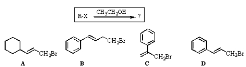 <strong>In order of decreasing reactivity,how would the bromides below rank in the following reaction? </strong> A) B > A > D > C B) D > B > A > C C) A > C > D > B D) D > A > C > B E) C > D > B > A