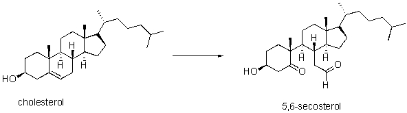 <strong>Cholesterol is a major lipid component of atherosclerotic plaques and can be present at such high concentrations that it forms a crystalline phase within a diseased artery.In addition to cholesterol,the 5,6-secosterol compound has also been isolated.5,6-secostereol has been shown to be the product of an unforeseen oxidation reaction in the body.Which one of these reagents could be used convert cholesterol to the 5,6-secosterol? (Science 2003,302,1053) </strong> A) K<sub>2</sub>Cr<sub>2</sub>O<sub>7</sub> B) O<sub>3</sub> C) (CH<sub>3</sub>)<sub>2</sub>S D) HOOH E) LiOH