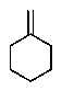 <strong>A hydrocarbon with the molecular formula C<sub>7</sub>H<sub>12</sub> exhibits the following spectroscopic data: <sup>1</sup>H NMR <font face=symbol></font> = 1.3 (m,2H),1.7 (m,4 H),2.2 (m,4H),and 4.8 (quin,J = 3 Hz,2H)ppm; <sup>13</sup>C NMR: <font face=symbol></font> = 26.8,28.7,35.7,106.9,and 149.7 ppm.The IR spectrum has key absorbances at 3072,2950,and 1649 cm<sup>-</sup><sup>1</sup>.Hydrogenation of the compound furnishes a product with the molecular formula C<sub>7</sub>H<sub>14</sub>.Which structure is consistent with this data?</strong> A) B) C) D) E) None of the above.
