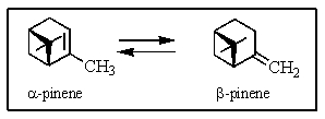 <strong>Under special reaction conditions,<font face=symbol></font>-pinene and <font face=symbol></font>-pinene can be in equilibrium (caused to interconvert reversibly).Using your knowledge of alkene stability,which of the following would be true at equilibrium? </strong> A) The <font face=symbol></font>-isomer will predominate. B) The <font face=symbol></font>-isomer will predominate. C) The isomers would be equally favored. D) A third isomer would predominate. E) None of the above is true.